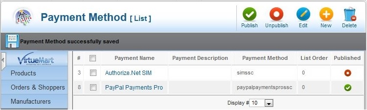 Published Payment Methods